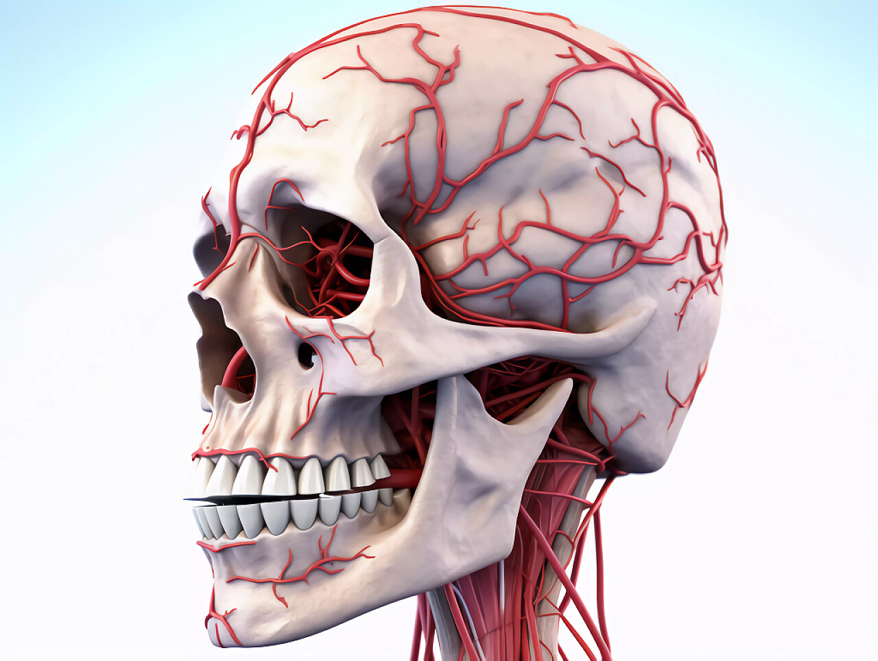 医疗科技白底人体头骨和血管脸部侧视图