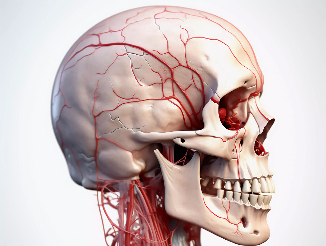 医疗科技白底人体头骨和血管脸部侧视图