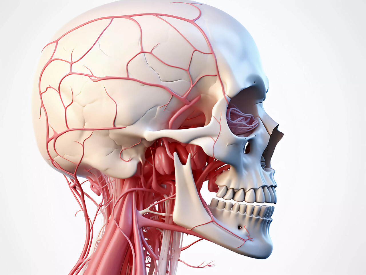 医疗科技白底人体头骨和血管脸部侧视图