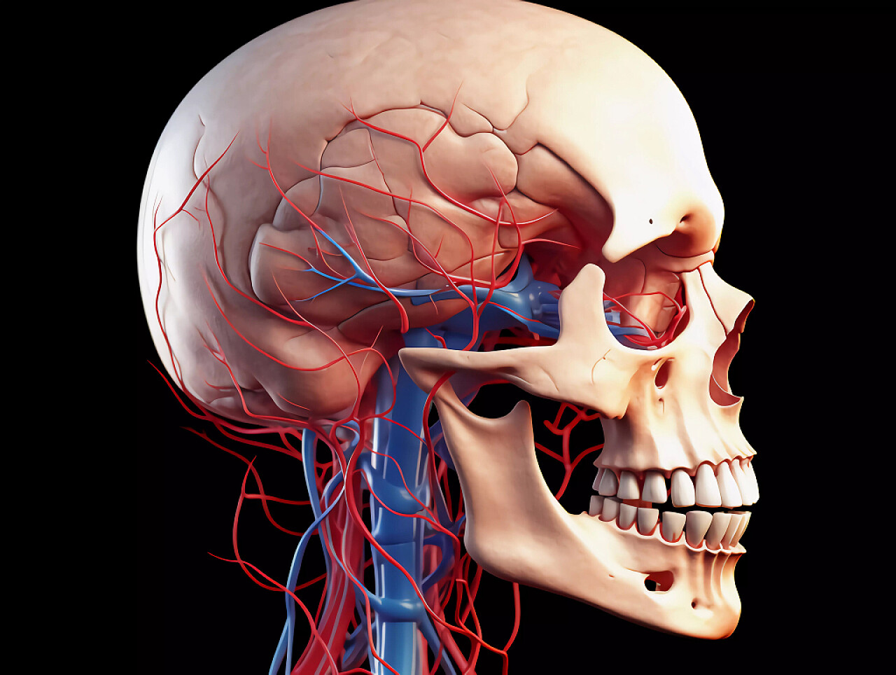 医疗科技黑底人体头骨和血管脸部侧视图