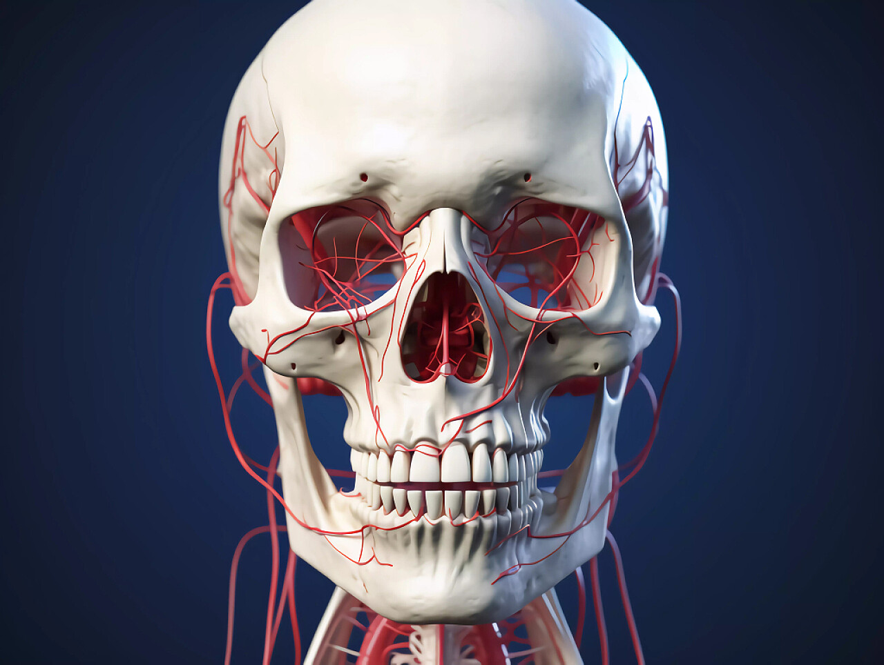 医疗科技黑底人体头骨和血管脸部正视图