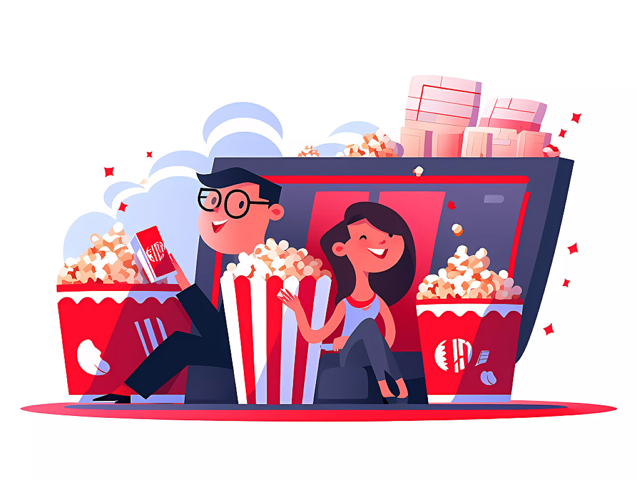 情侣去电影院看电影吃爆米花元素