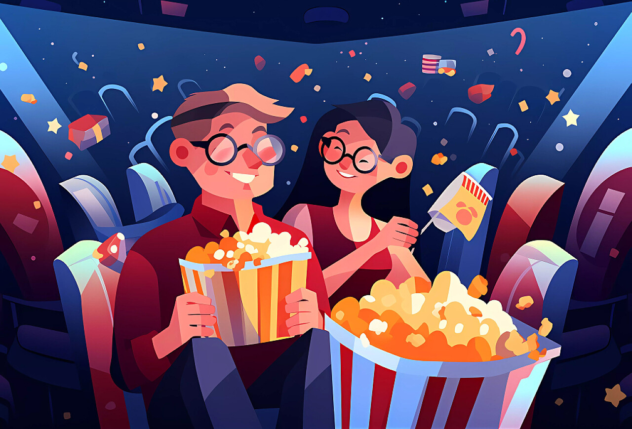卡通浪漫情侣在电影院观影吃爆米花场景