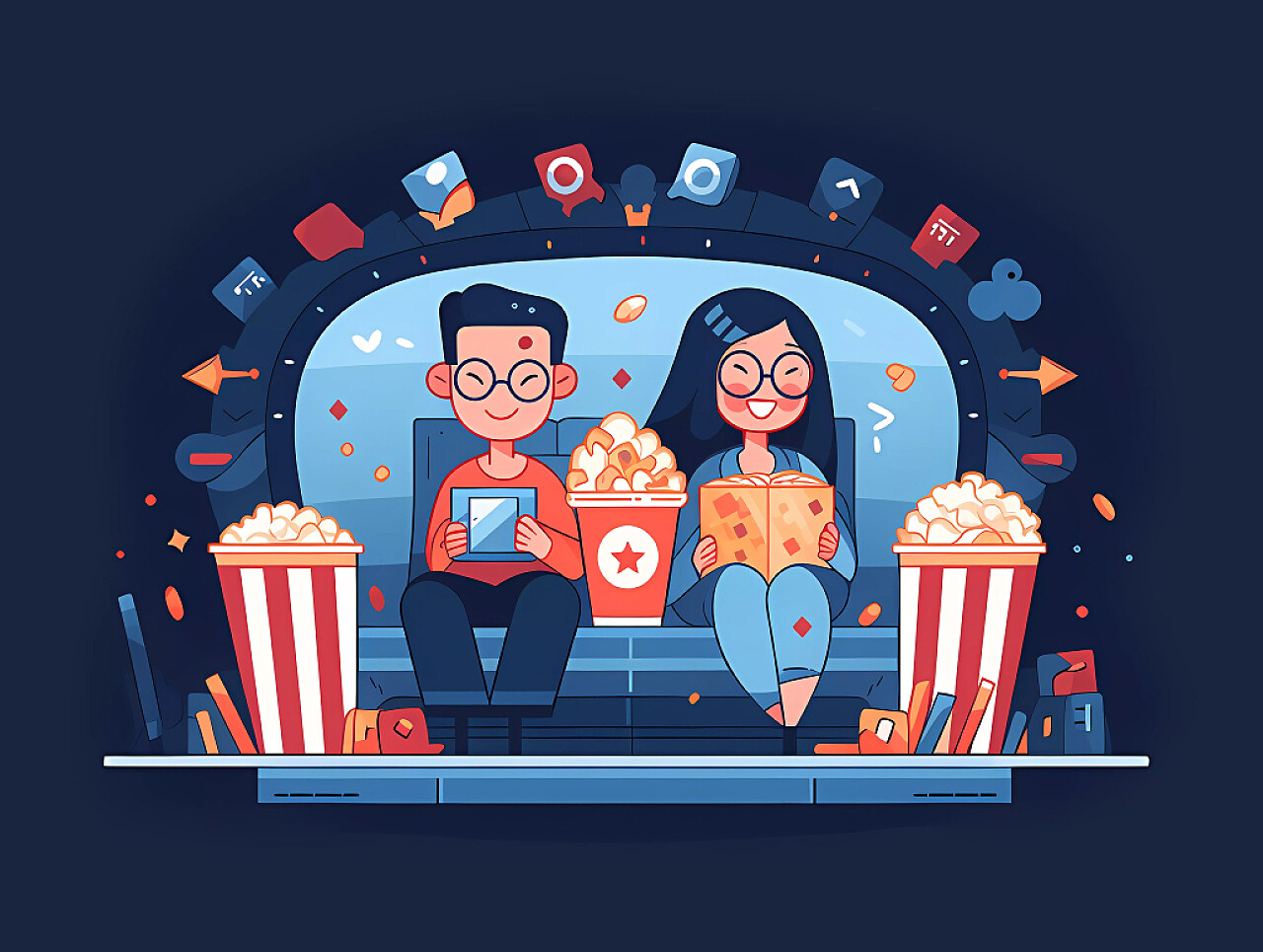 卡通浪漫情侣在电影院观影吃爆米花场景