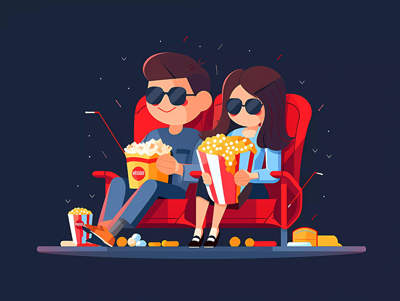 蓝色背景浪漫情侣戴3D眼镜在电影院观影吃爆米花场景