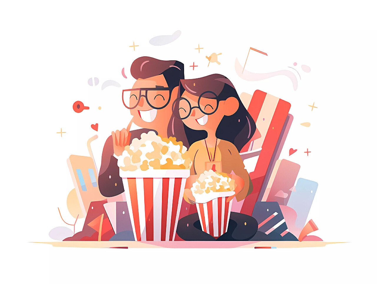 浪漫情侣在电影院观影吃爆米花场景