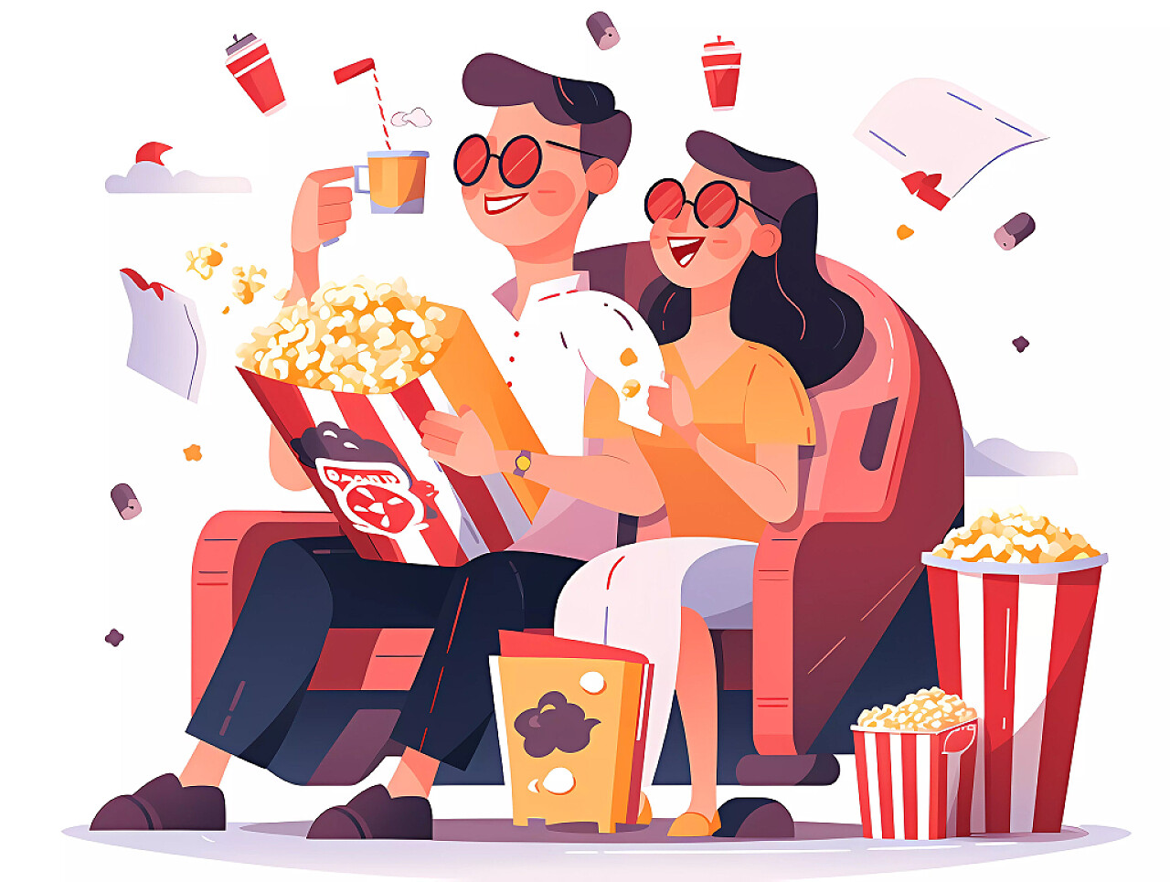 浪漫情侣戴3D眼镜在电影院观影吃爆米花场景