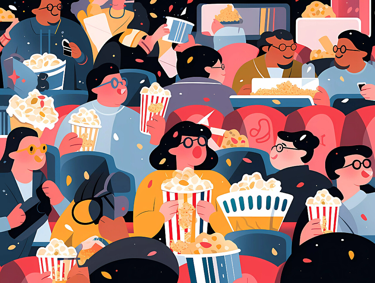 许多人在电影院观影吃爆米花场景