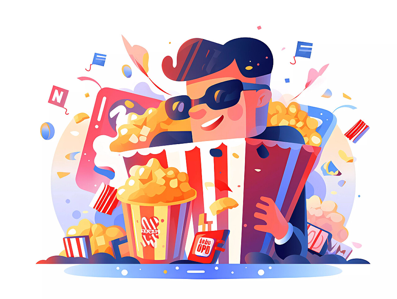 紫色扁平插画一个男生在电影院观影吃爆米花场景