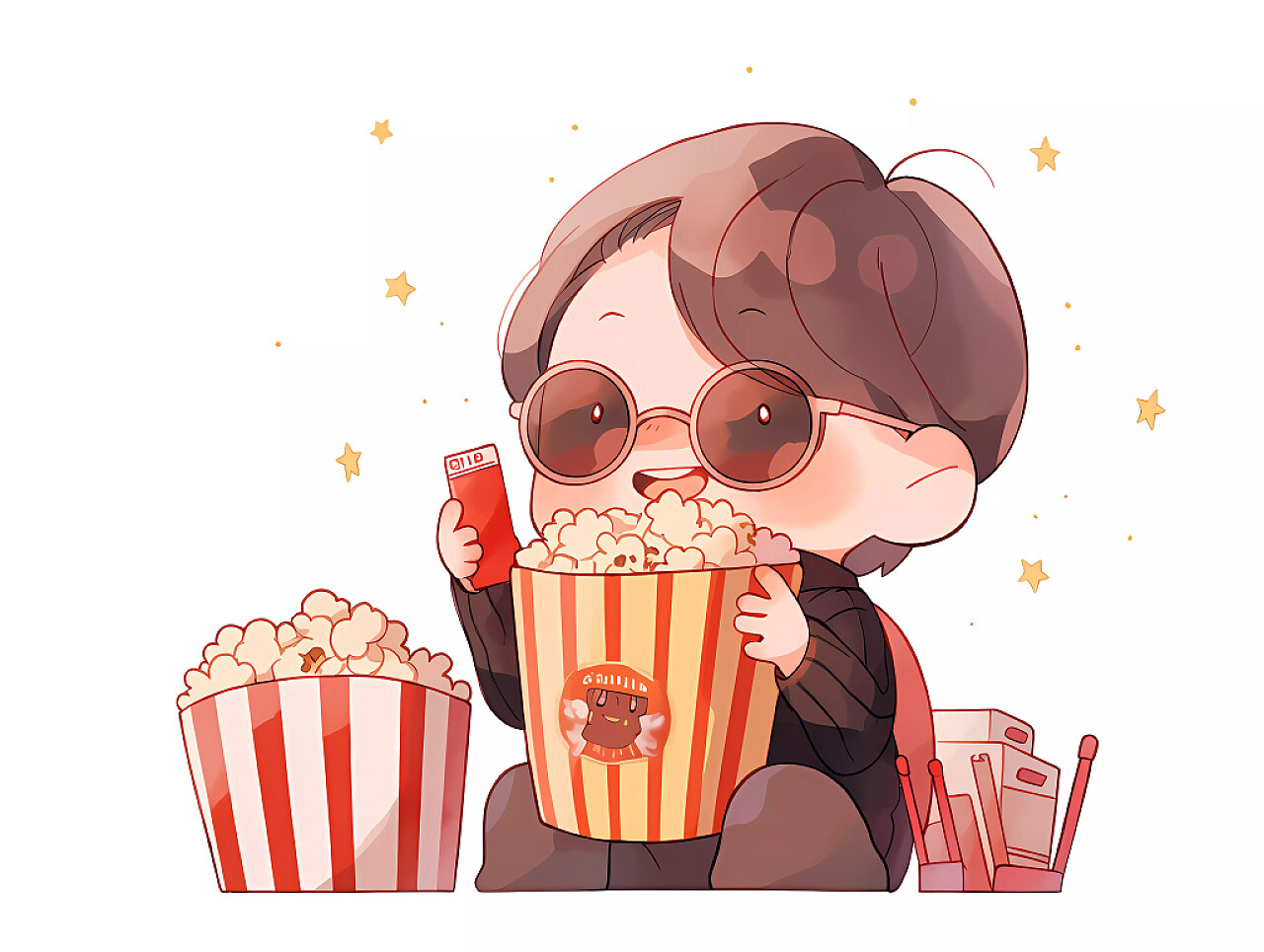 一个男孩在电影院观影吃爆米花场景