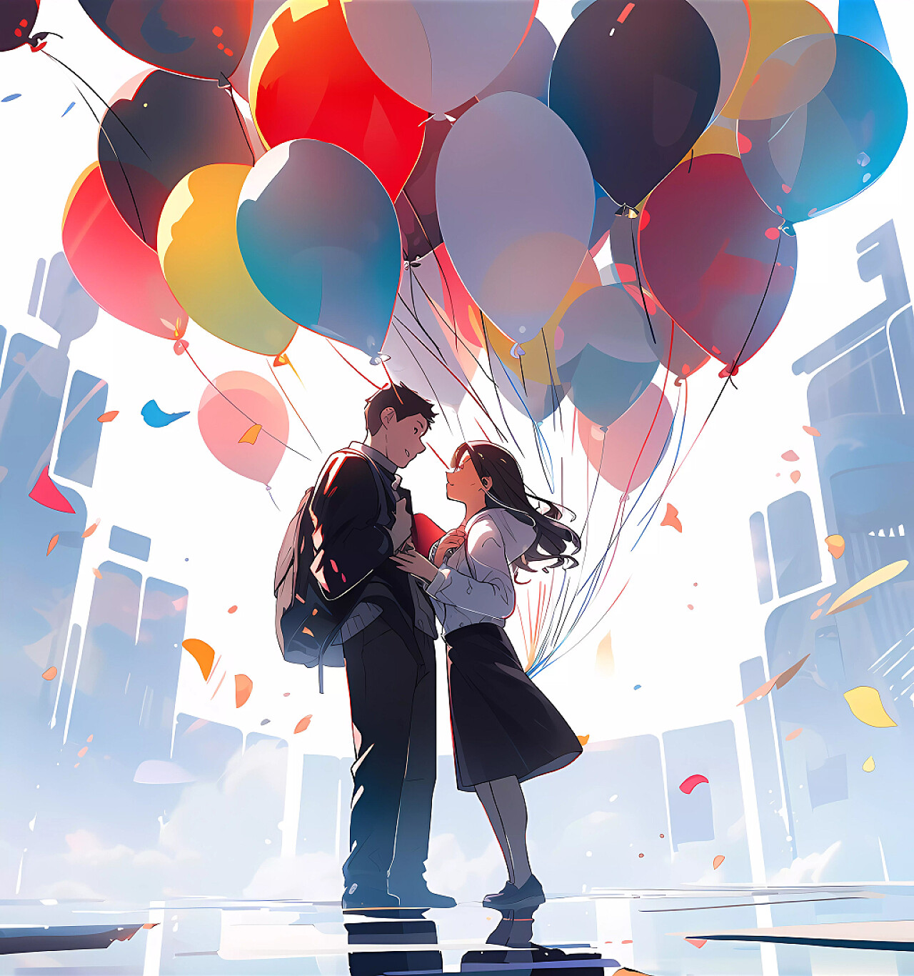紫色浪漫唯美国际接吻日浪漫情侣拥吻情人节气球插画