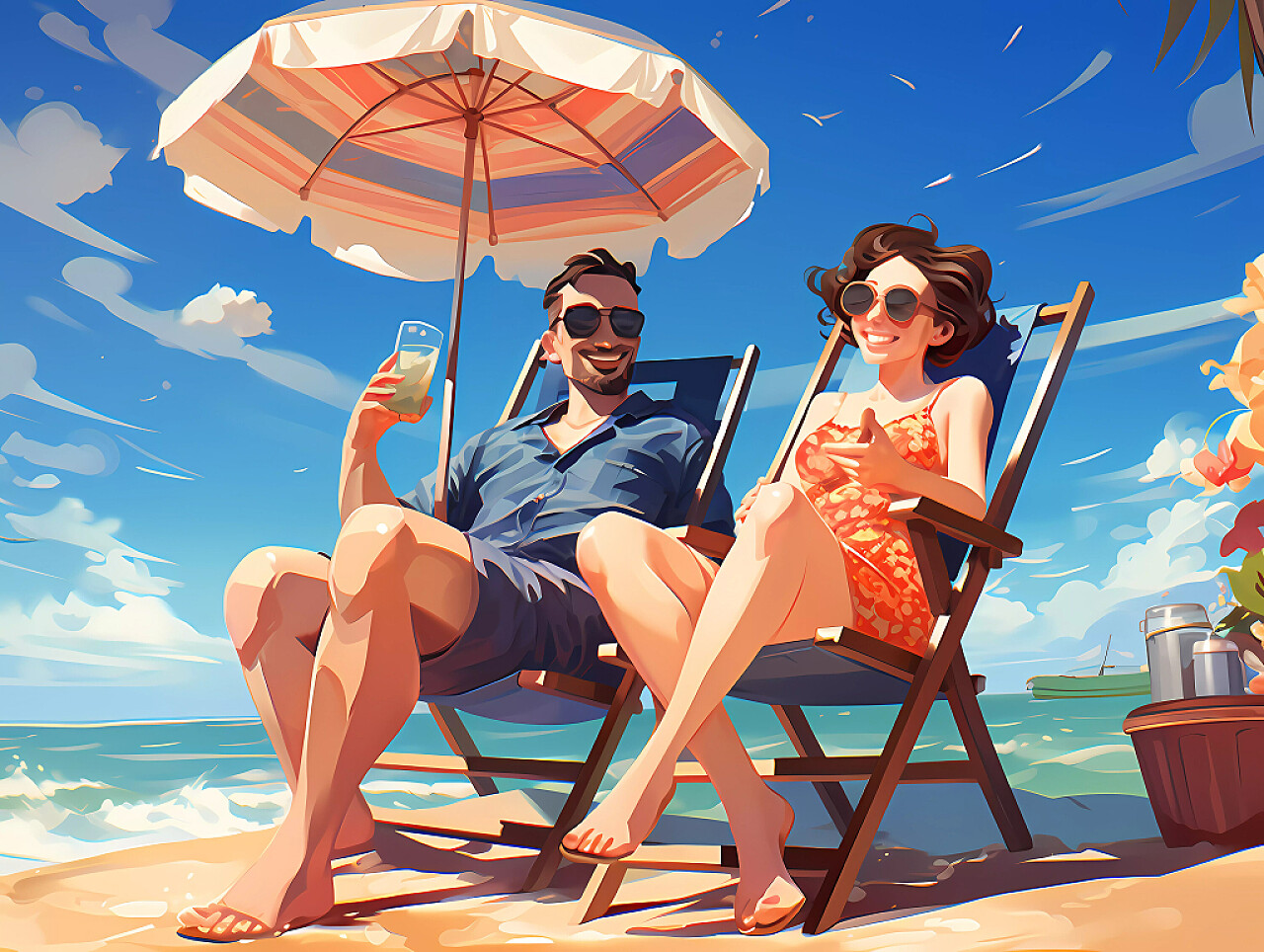 夏日沙滩海边浪漫情侣防晒伞日光浴场景
