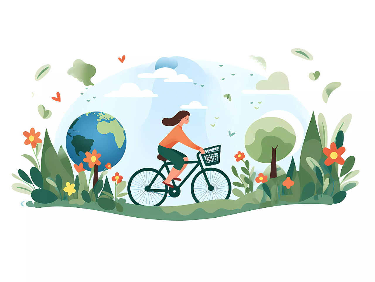 世界地球日女孩低碳出行爱护地球保护环境插画
