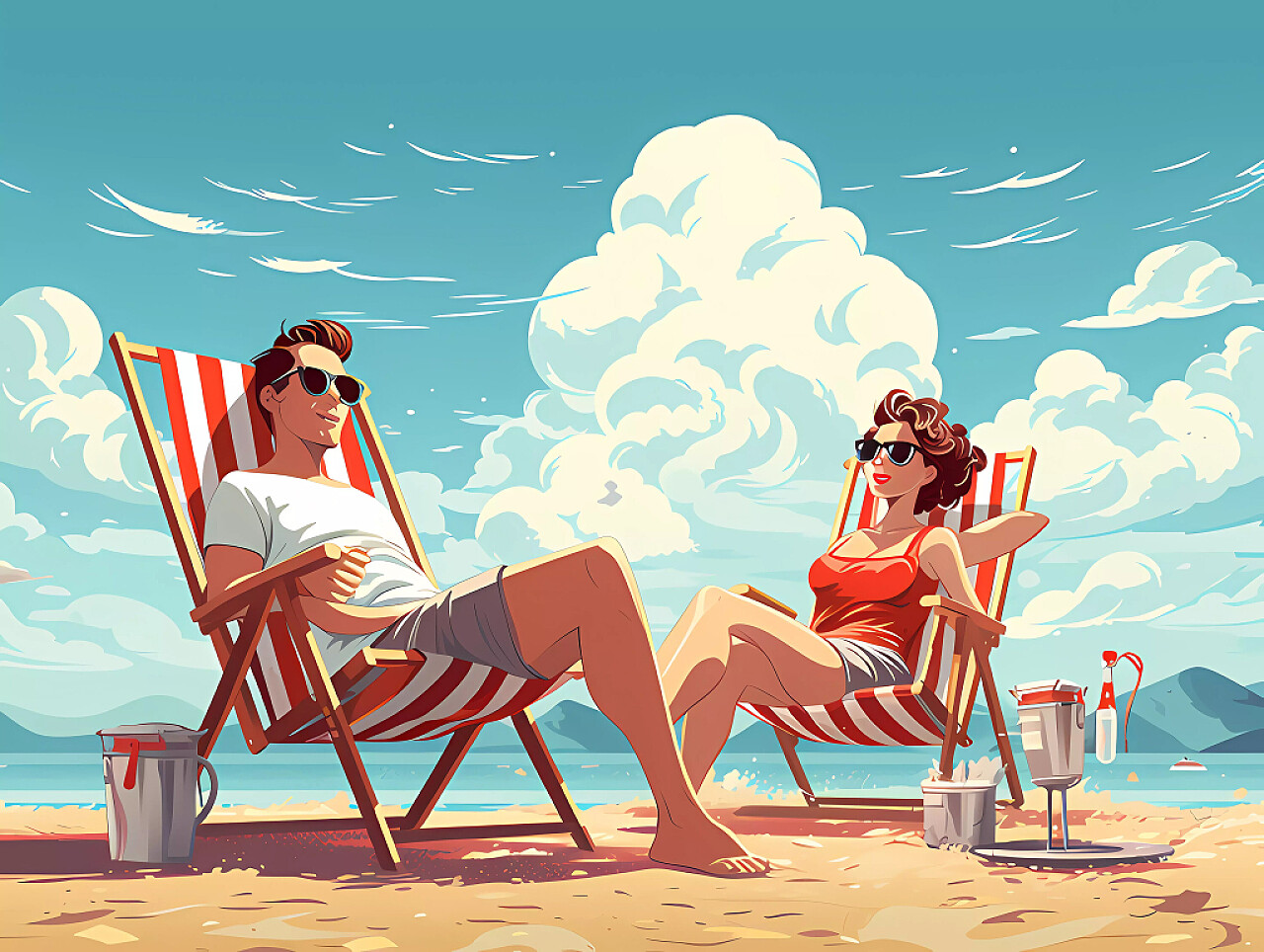 夏日沙滩海边浪漫情侣防晒伞下日光浴