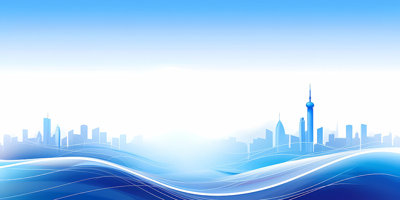 蓝色简约科技感动感波浪线条曲线城市剪影建筑背景