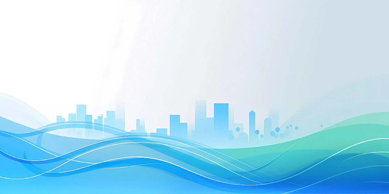 蓝色简约科技感动感波浪线条曲线城市剪影背景