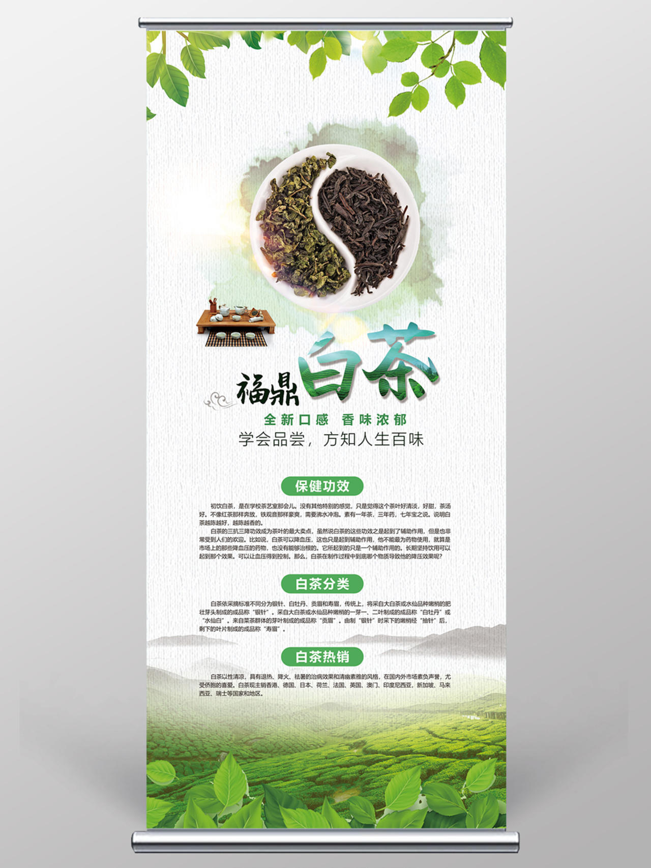 白色绿色清新福鼎白茶茶文化茶道茶艺展架易拉宝