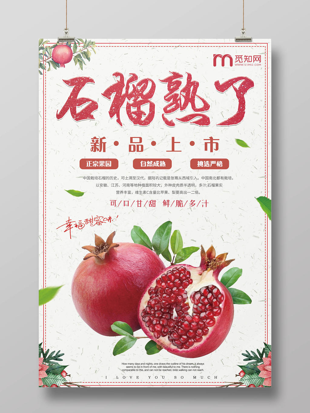 红色小清新水果石榴石榴熟了宣传海报