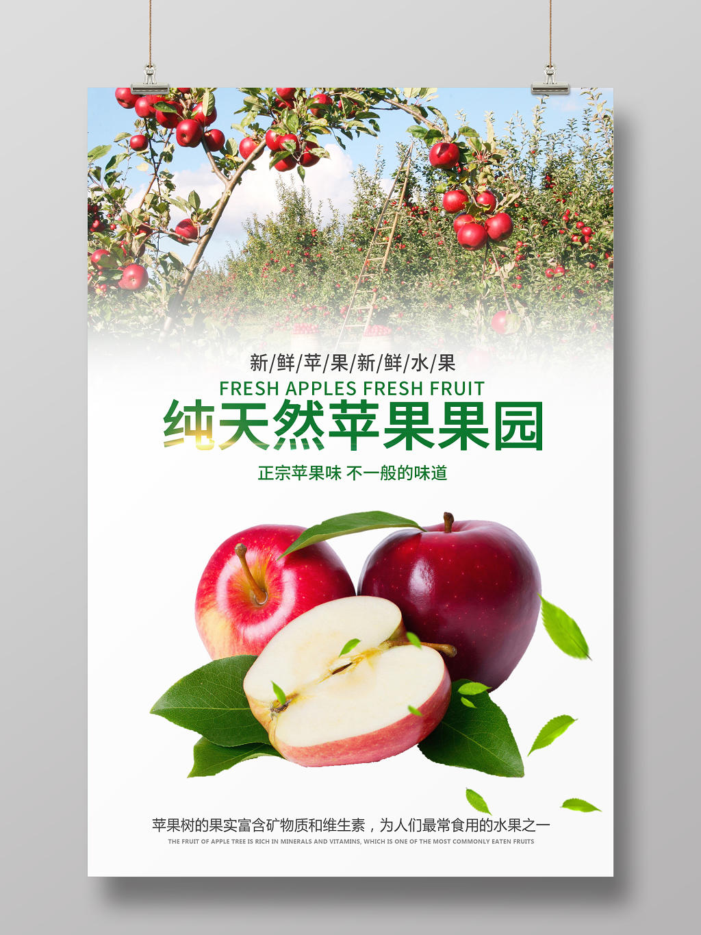 白色简约清新纯天然苹果果园水果苹果宣传海报