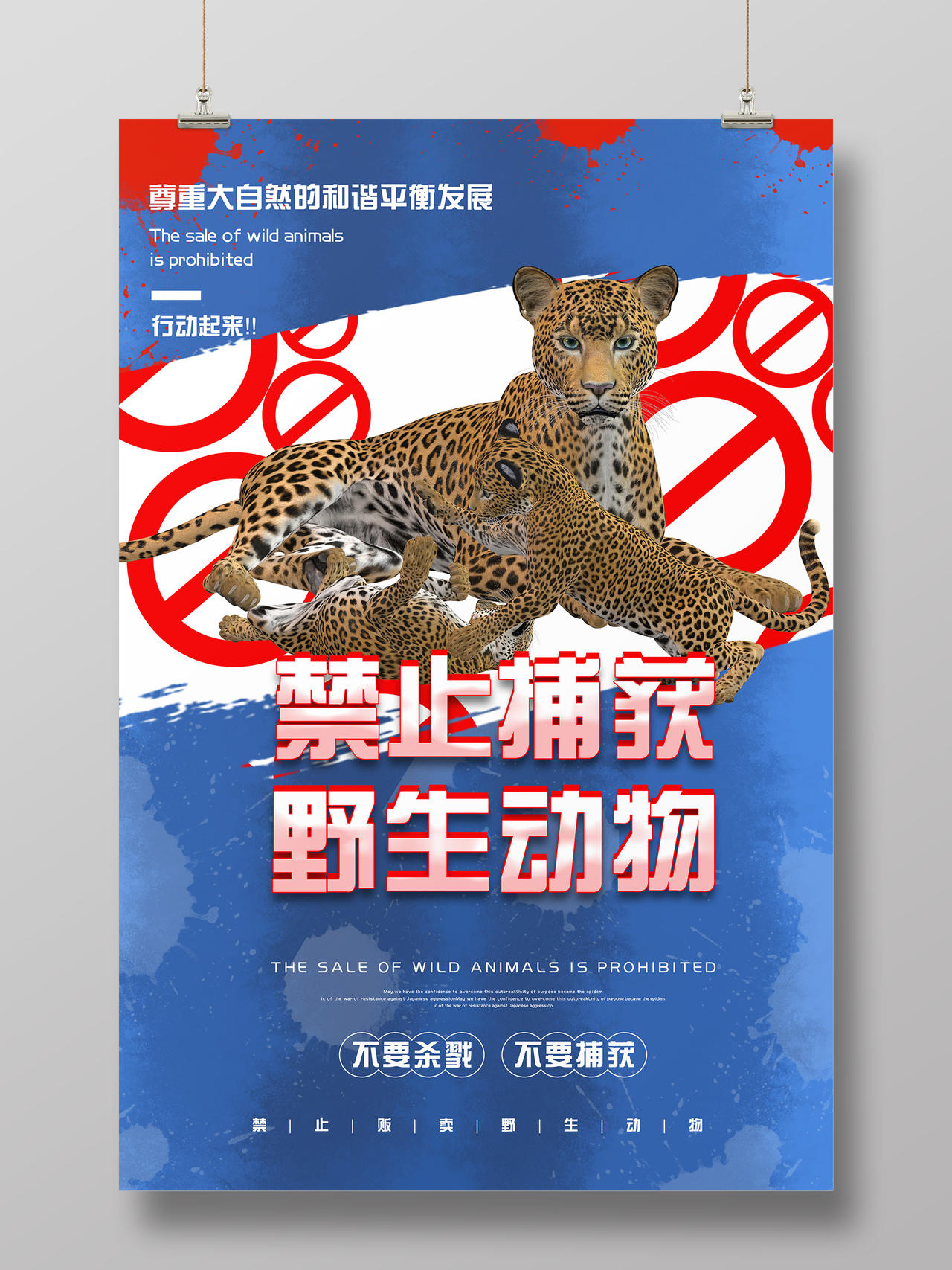 蓝色背景拒绝食用野味保护野生动物海报