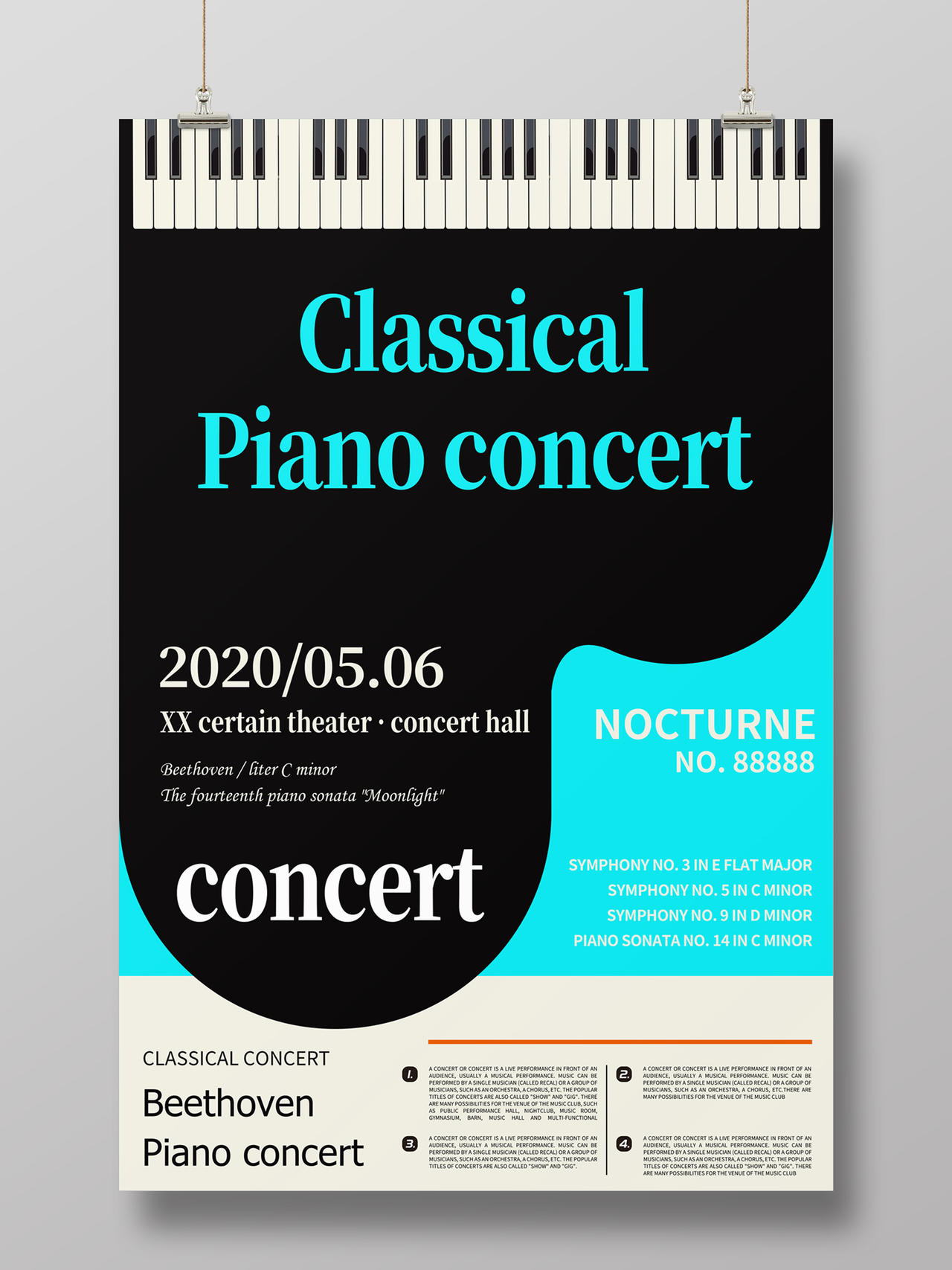 蓝色简约扁平古典钢琴音乐会英文海报psd免费下载 图星人