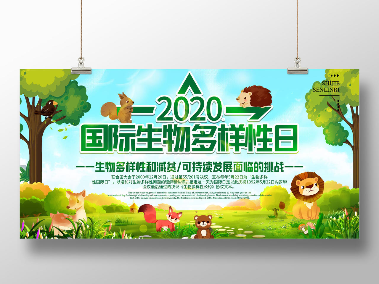 绿色卡通2020国际生物多样性日展板