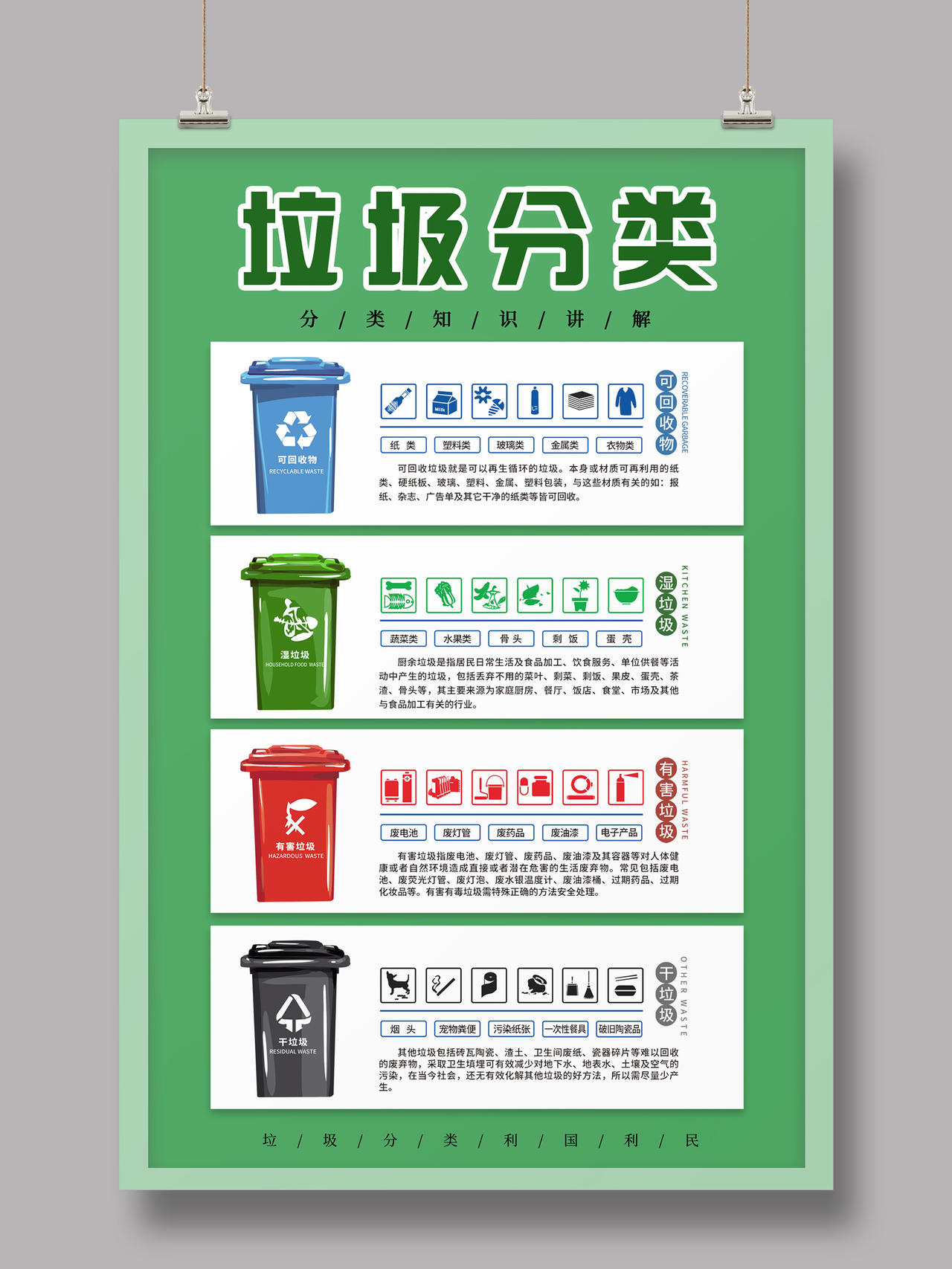 绿色环保简约创意厨余垃圾其他垃圾可回收物有害垃圾分类海报公益环保环境保护垃圾分类