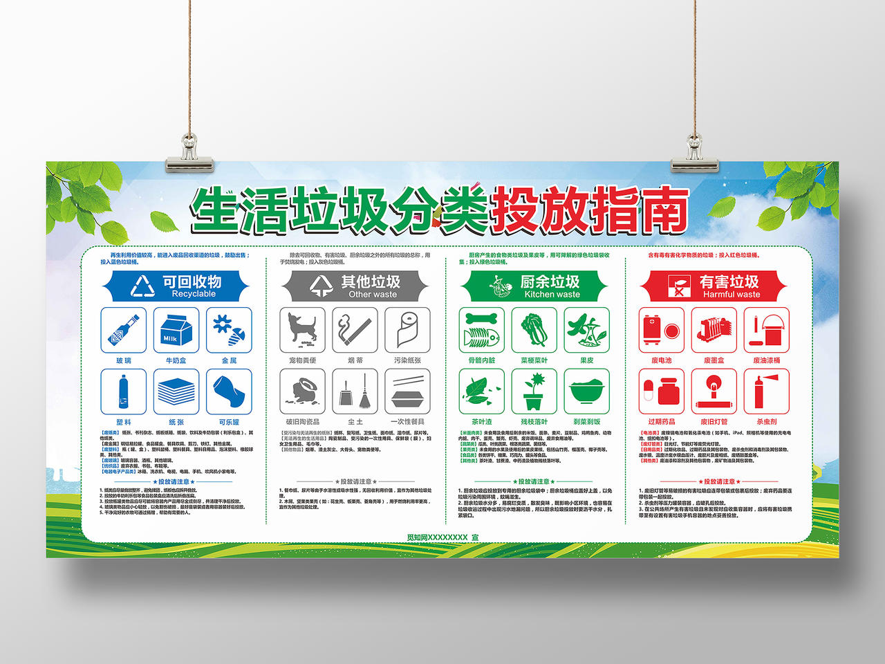 绿色创意卡通风生活垃圾分类投放指南垃圾分类制度展板