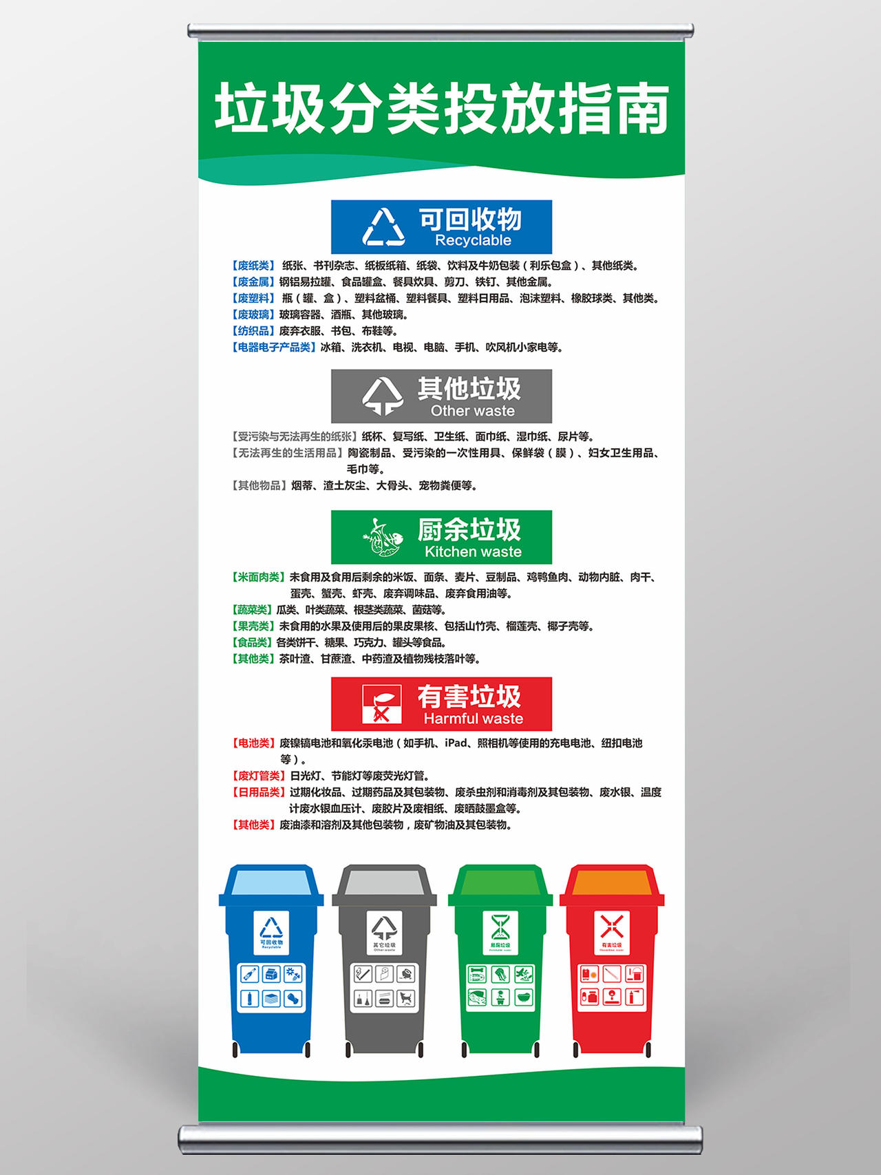 绿色卡通风垃圾分类投放指南垃圾分类制度易拉宝展架
