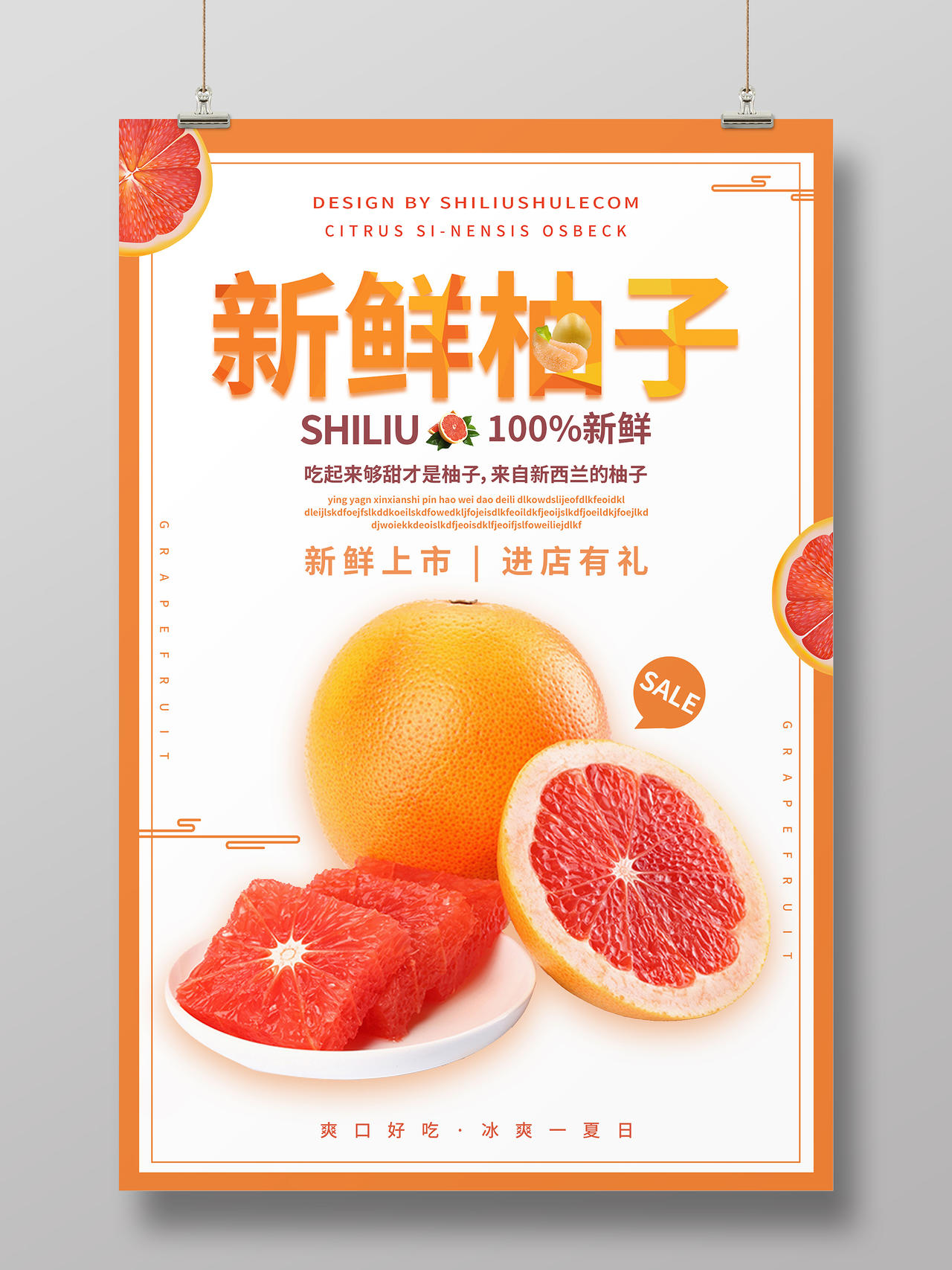 橙色白色清新秋季水果新鲜柚子海报柚子秋天水果
