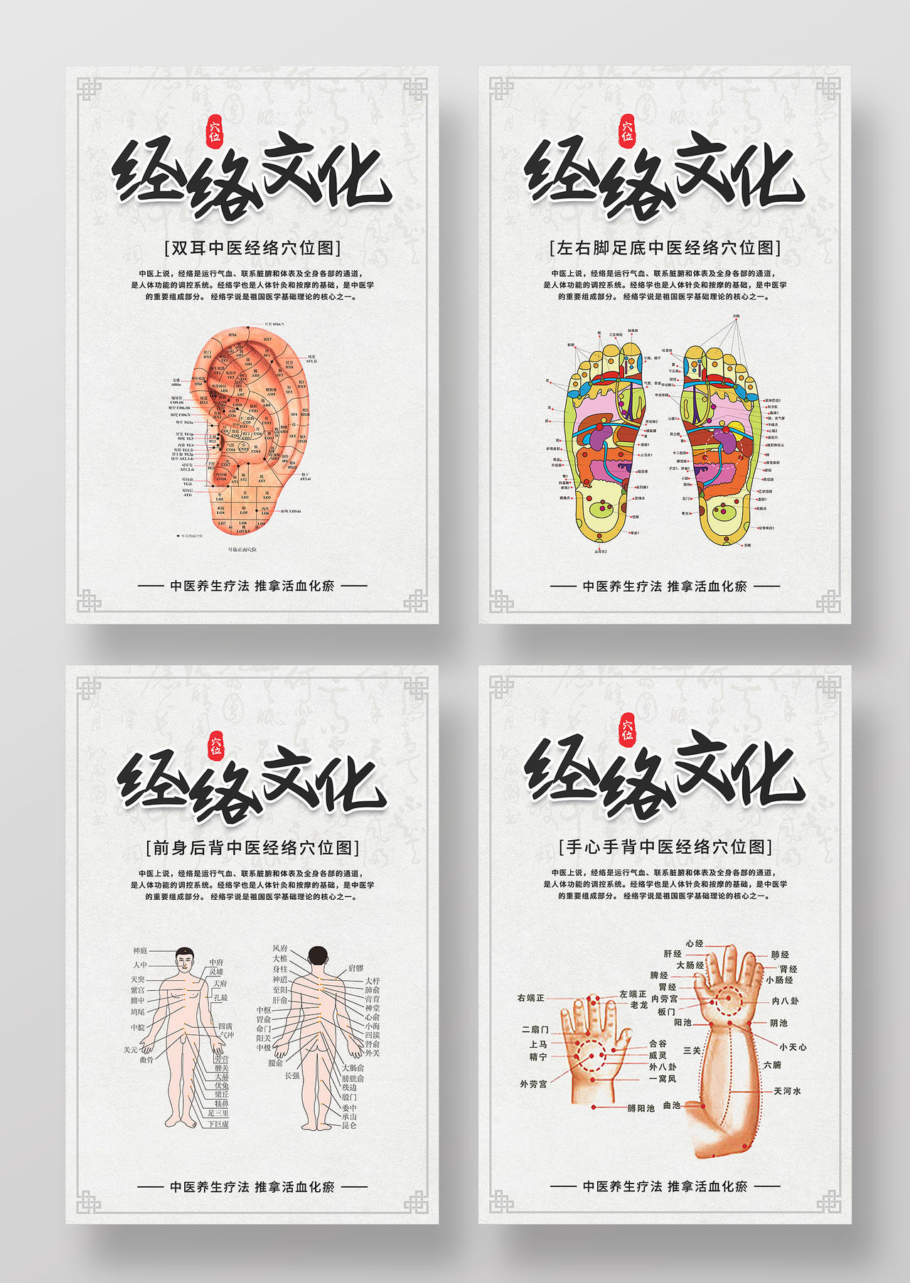 灰色复古人体经络文化宣传海报套图中医人体经络穴位图套图
