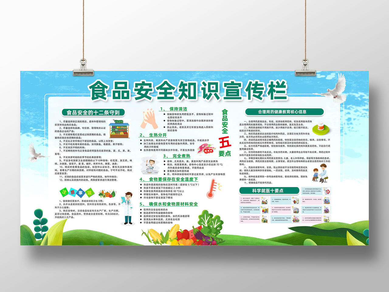 蓝天草地手绘食品安全知识宣传栏食品安全五要点宣传展板