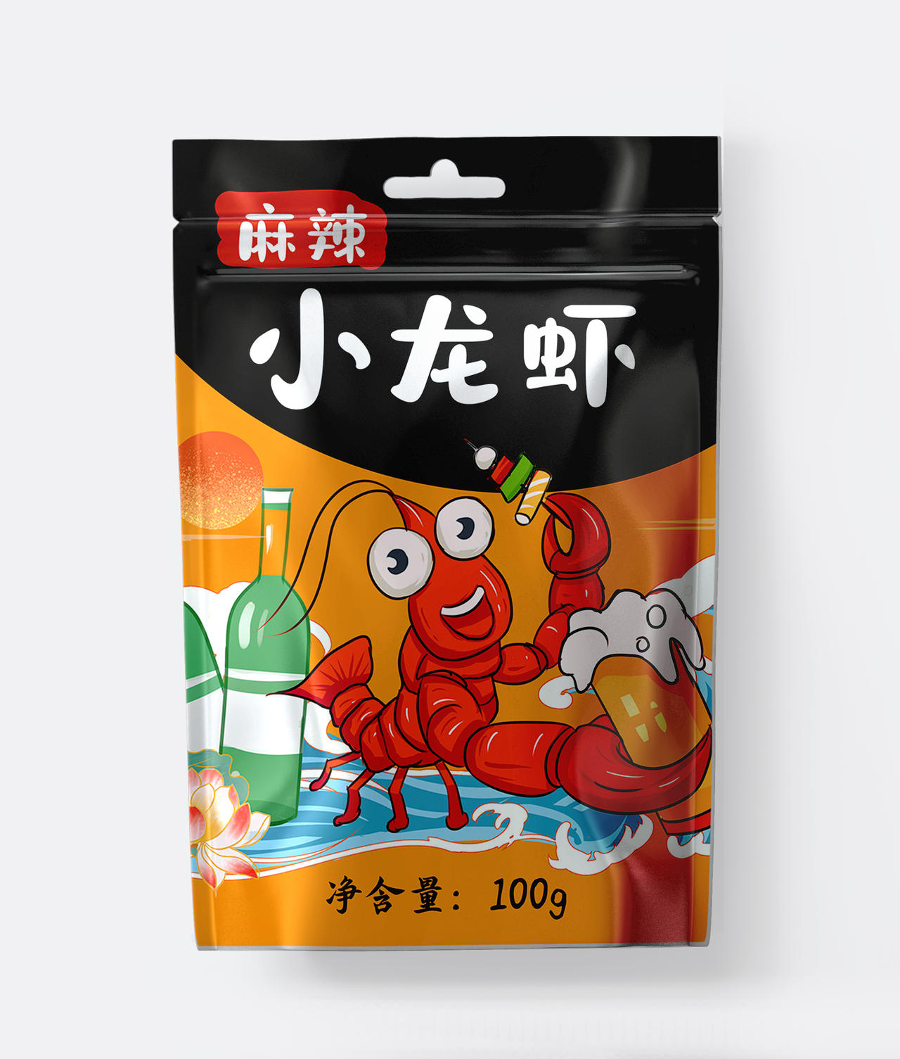 原创手绘夏日冰爽小龙虾食品包装插画小龙虾包装袋