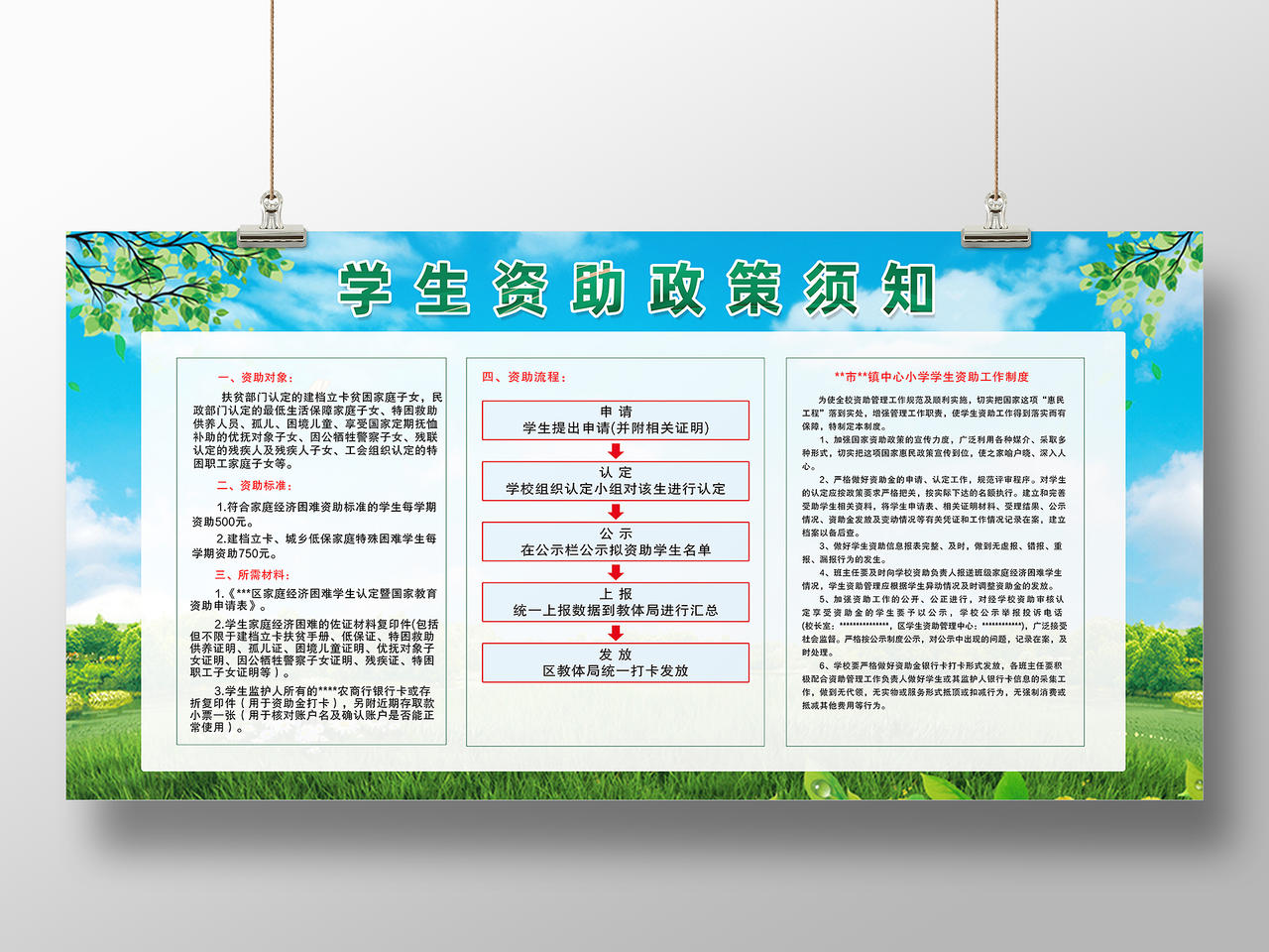 绿色简约学生资助政策须知资助展板