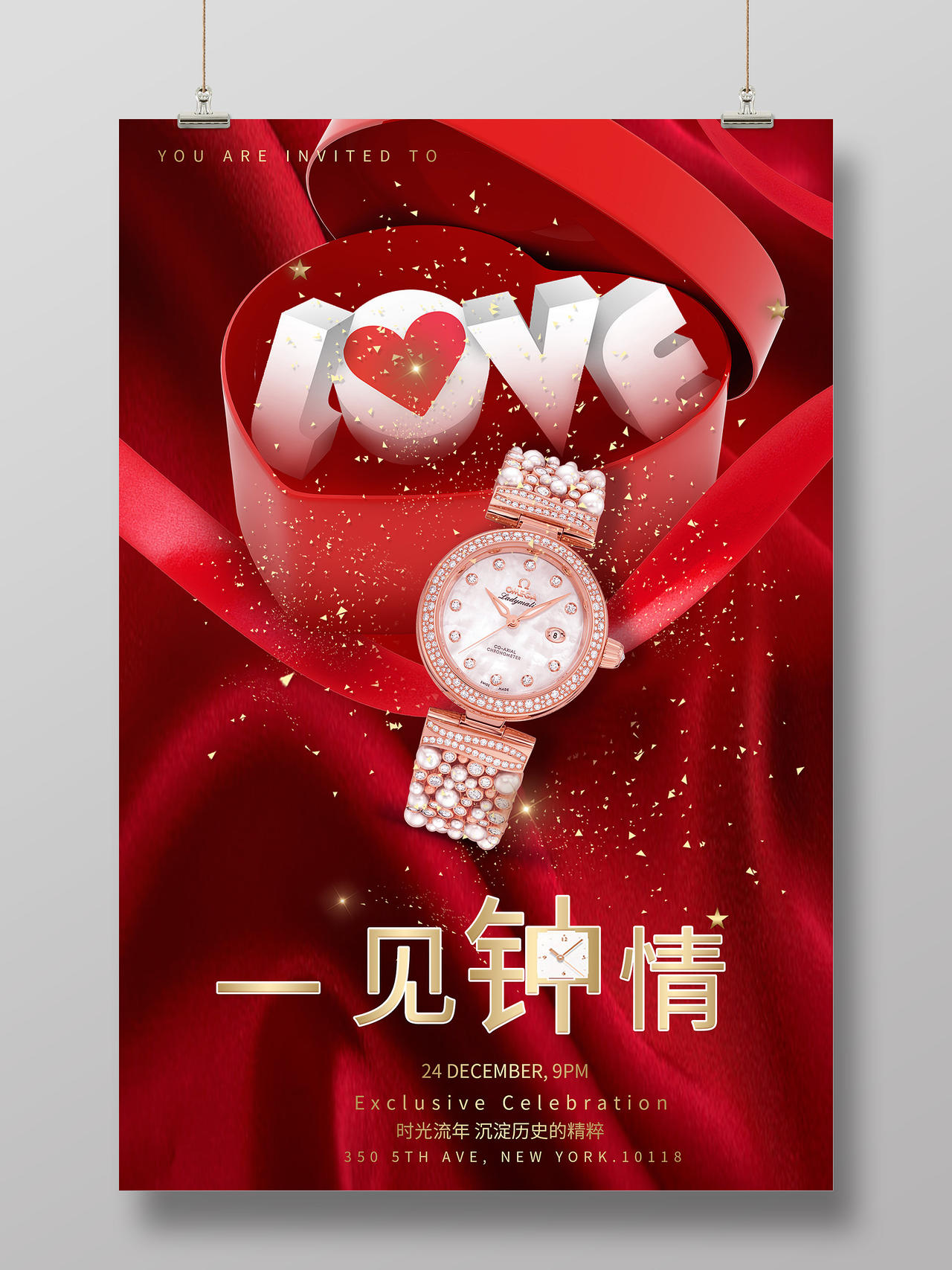 红色背景一见钟情高档手表礼品盒海报创意高档红色手表海报