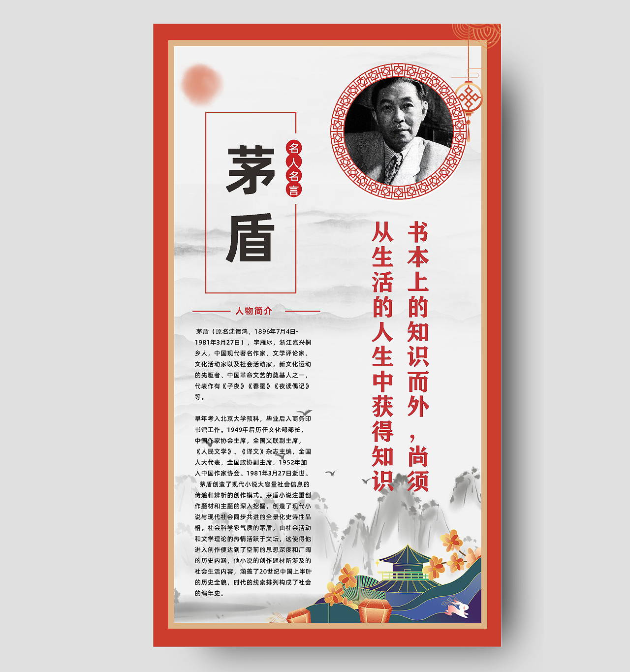 红色古风简约名人名言名人语录手机ui海报名人名言海报cdr免费下载 图星人