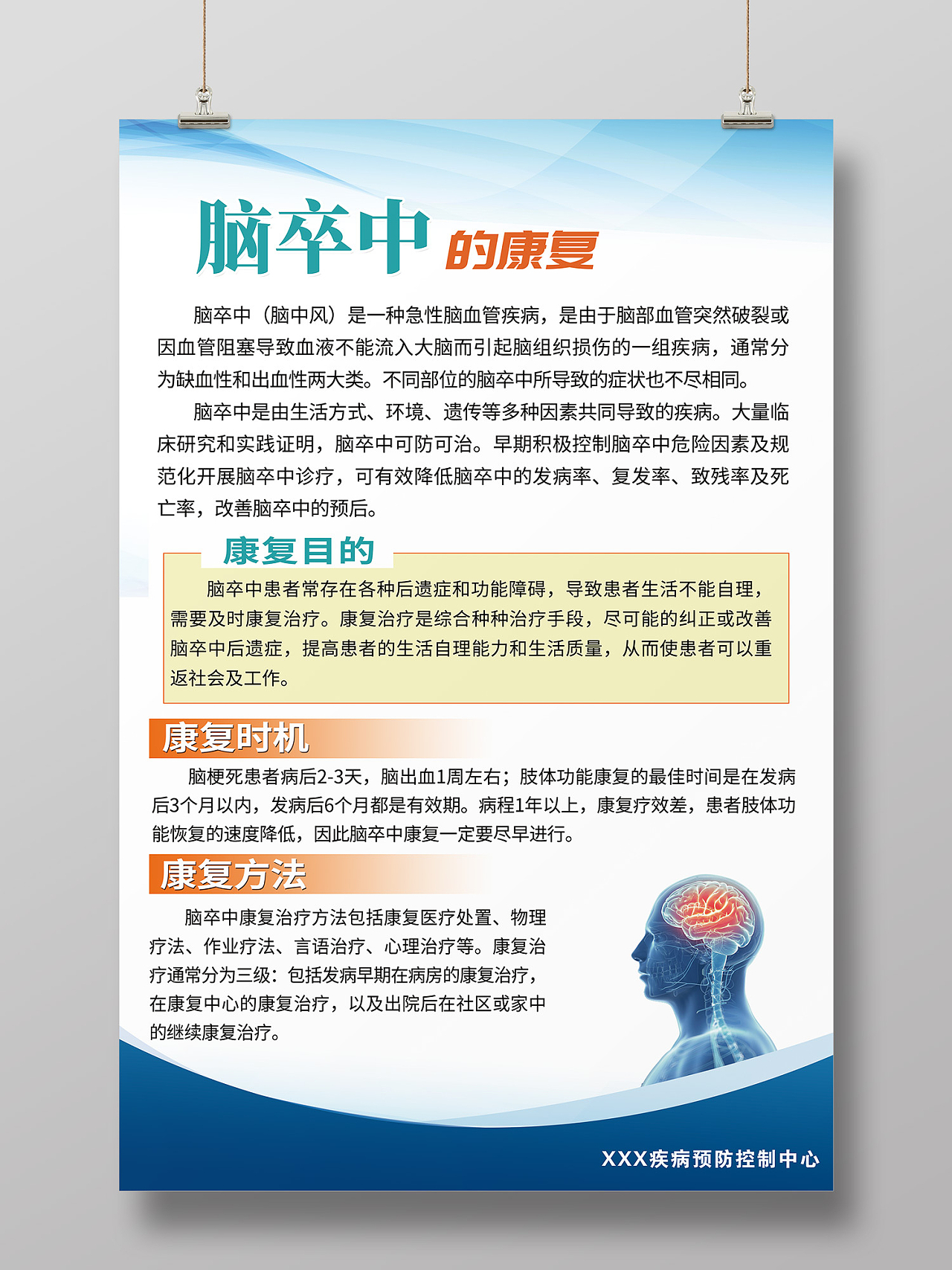 蓝色简约风脑卒中的康复康复目的海报海报脑卒中康复展板