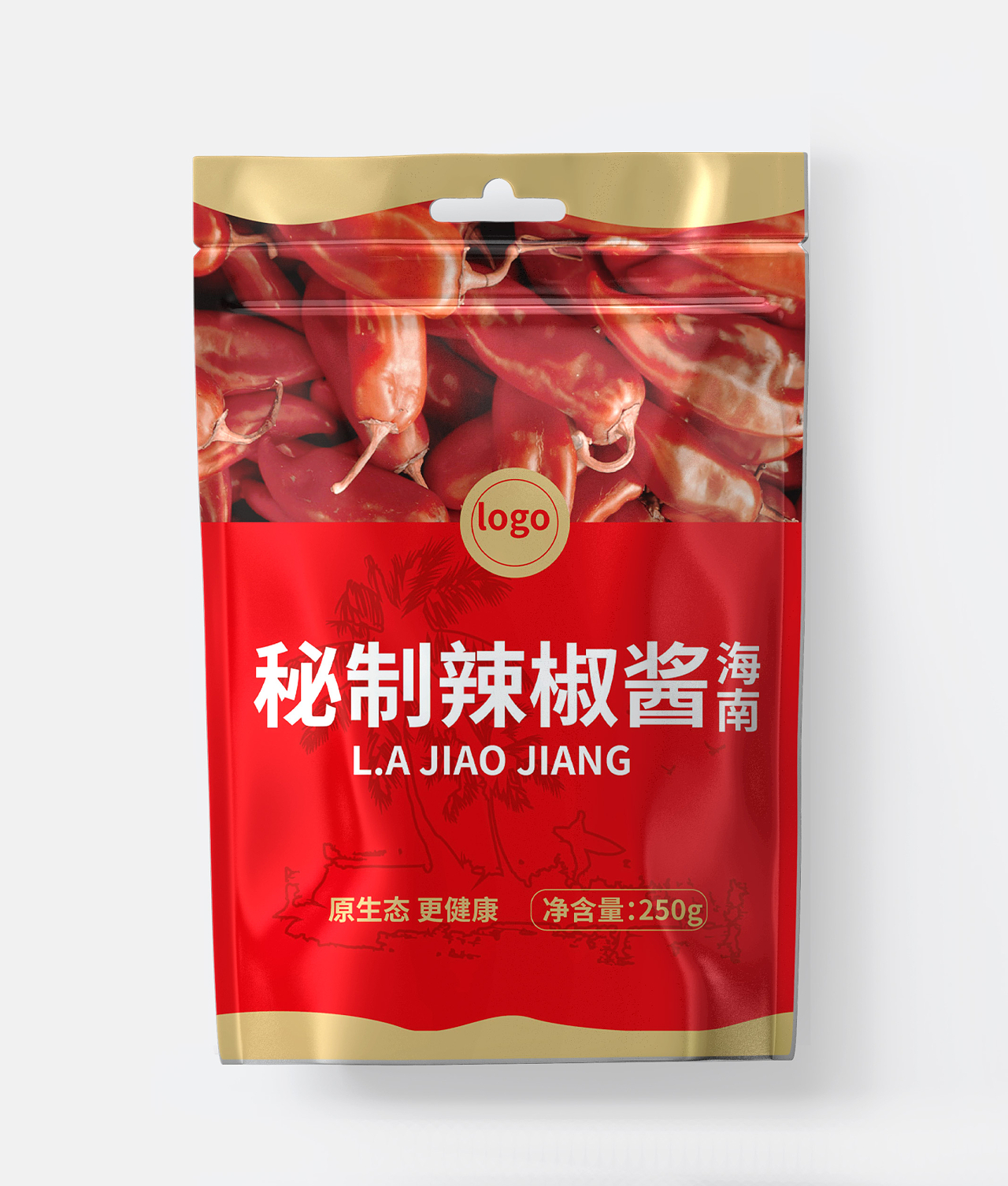 红金色创意简洁秘制辣椒酱包装袋设计