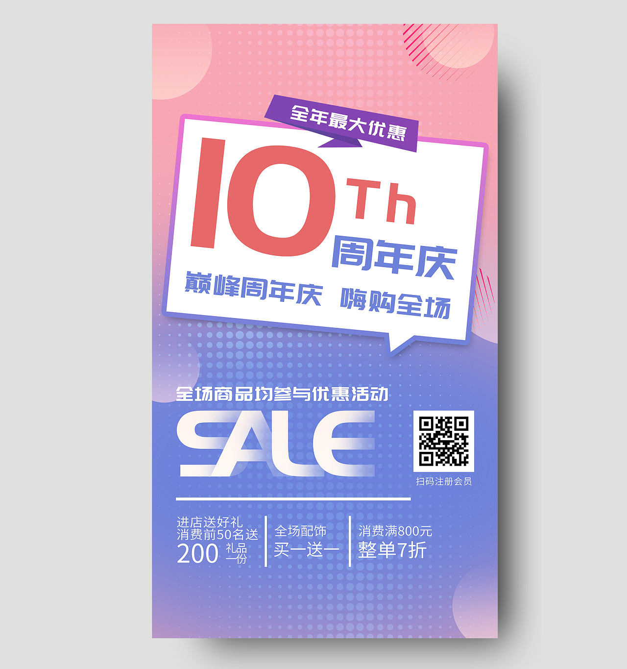 粉色渐变10周年庆巅峰嗨购全场促销活动UI手机海报10周年店庆手机海报