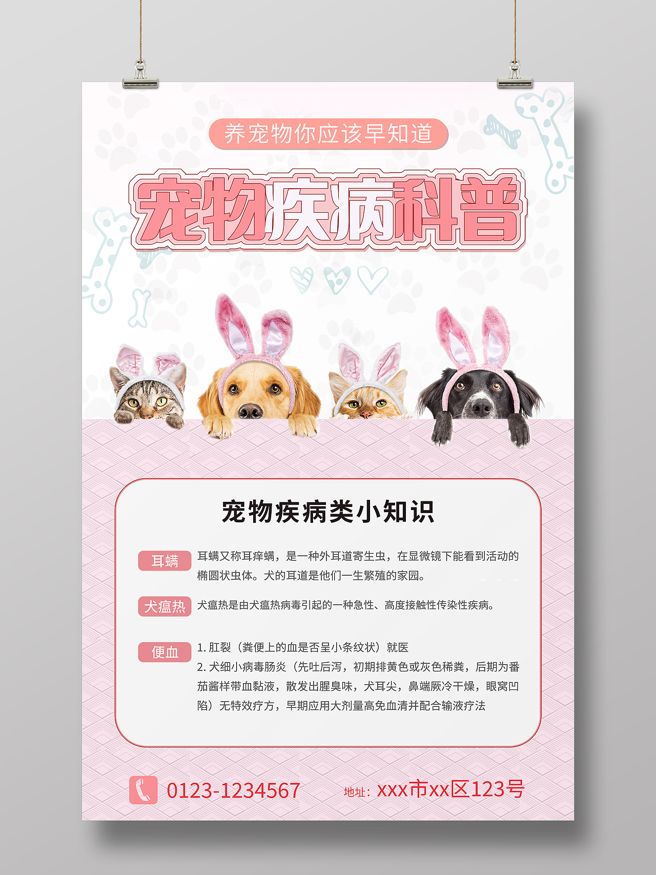 粉色背景简约风格宠物疾病科普宣传海报宠物海报